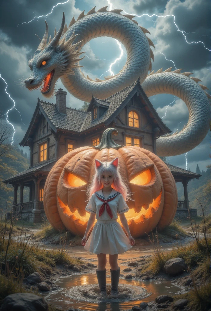 1 woman, With a Chinese dragon behind，Lightning thunder，There is a Chinese dragon behind the huge pumpkin house ，direction, Silver Hair,   heart-shaped student  , Cat ears朵, Grin, Glowing Light, Film Grain, 8K,  superdetail, Precise,  is the best quality, 1080P,  Ultra HD, 8K animal ears，Blushing，schoolgirl， white sailor suit with pink hair, blue collar ，cry，fall，Cat ears， a ，Shoot a real person ， is the best quality，masterpiece， extremely exquisite and beautiful ，Very  detailed，CG，8K， Amazing Cleavage ， detailed，masterpiece， is the best quality at best，Very  detailedd CG unity 8k wal，Wearing boots ， with pink hair ,   with legs stuck in the mud  ,  full of dirt ,  struggling in a muddy swamp 