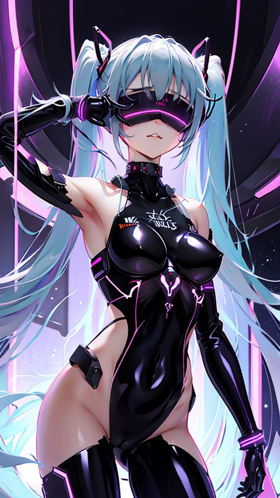 {{1 female},{{{{{Tabletop++, Highest quality++, Very detailed+, Ultra-high resolution,(Realistic:1.4)Cowboy Shot,hatsune miku, (Vocaloid)RAW Photos,(hatsune miku)+,(hatsune miku)+, (Vocaloid) Expressionless, Light blue hair, Red eyes ,clavicle, Twin tails, ((Black Bodysuit 1.6)),so beautiful, Highest quality, Absurd, One Girl, Brainwashed,}}}} Hollow Eyes,(Eyes glow red :1.4)), ((Big Breasts：1.1))、(The shape of the genitals is clearly visible)) cyber punk, Dark Lab, Dark Room,(Neon Light:1.2), (night:1.5), (Stand up and raise your right arm in a salute, place your left hand on your hip)