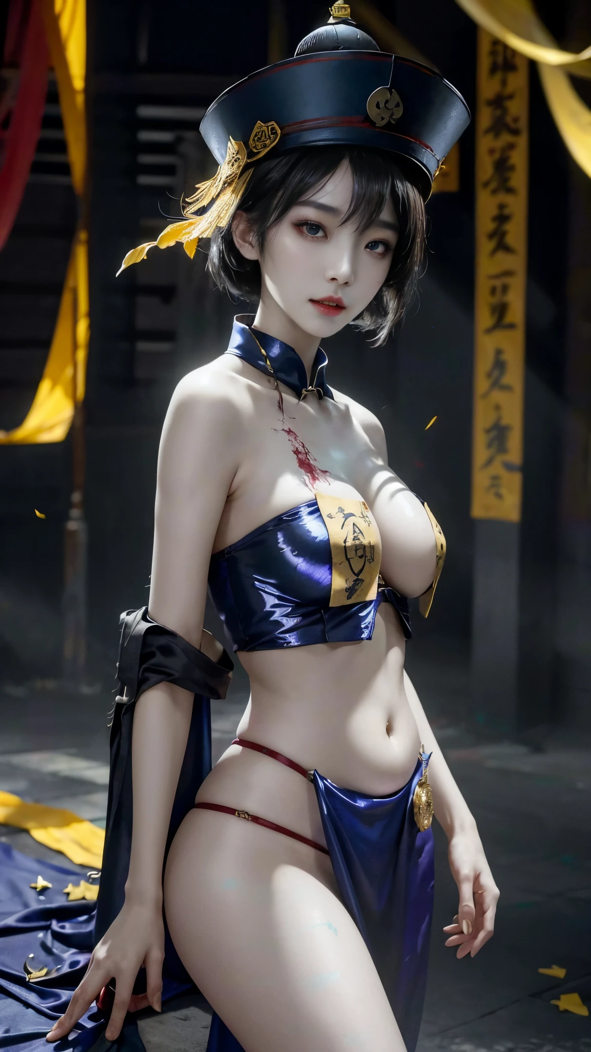 RAW, masterpiece, super fine photo, best quality, super high resolution, realistic, moonlight, night, a beauty, short hair, delicate facial features, perfect face, big breasts, huge breasts, cleavage, yellow rune paper pasted on the face, a lot of Taoist rune paper pasted on the body, Qing dynasty official hat, belly pocket, female zombie, Hong Kong lam cheng ying zombie movie character, pale skin, fair skin, shiny skin, vampire teeth, amazing beauty, dynamic pose, delicate face, abandoned warehouse background, messy, gorgeous, high detail skin, Realistic skin detailing, sharp focus, volumetric light, 8k UHD, DSLR, high quality, film grain, realism