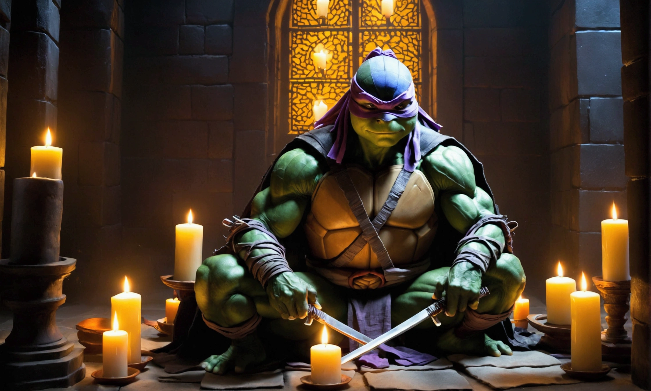 (Teenage Mutant Ninja Turtles) The Shredder sits in a meditation chamber lit by candles, photos of the ninja turtles in front of him, their ghosts haunt him
