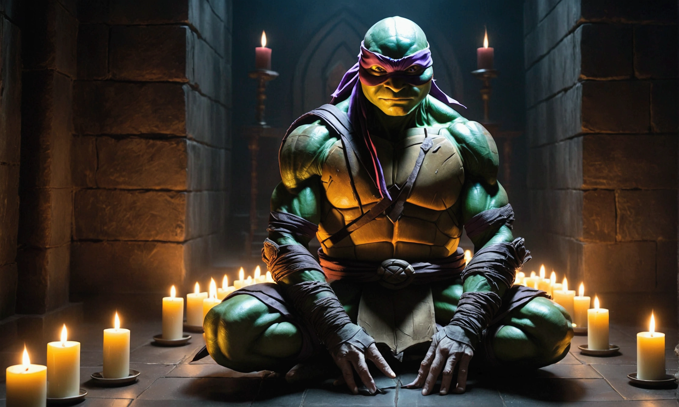 (Teenage Mutant Ninja Turtles) The Shredder sits in a meditation chamber lit by candles, photos of the ninja turtles in front of him, their ghosts haunt him
