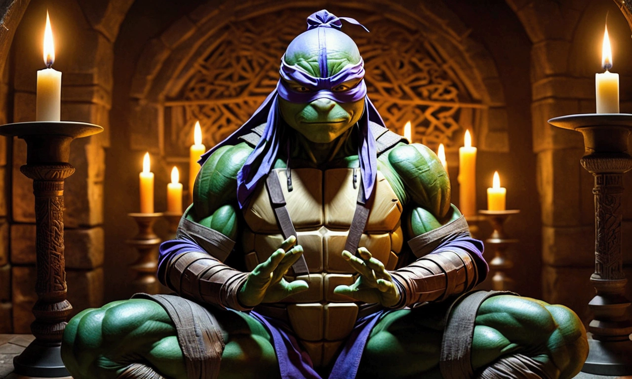 (Teenage Mutant Ninja Turtles) The Shredder sits in a meditation chamber lit by candles, photos of the ninja turtles in front of him, their ghosts haunt him
