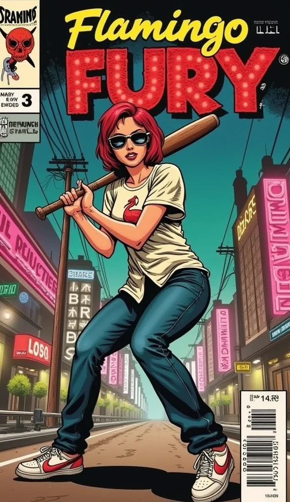  A 1940s comic book cover titled "Flamingo Fury" showcases a captivating, red-haired woman with a bold, modern edge. Her short, fiery red hair contrasts with the oversized sunglasses that reflect the glowing neon lights of a sprawling cyberpunk city behind her. She’s dressed in a loose, flamingo-printed T-shirt, baggy jeans, and worn Nike sneakers, giving her a laid-back yet rebellious vibe.

The cover uses a striking fish-eye lens perspective that warps the scene dynamically, emphasizing her face as the central focus. She grips a baseball bat with both hands, the bat almost leaping out of the frame due to the exaggerated angle. Her expression is fierce and determined, adding intensity to her poised stance. The fish-eye effect distorts the bat, making it seem even larger and closer to the viewer, while her body curves in a dynamic, action-filled pose.

The background features a cyberpunk cityscape, with towering buildings, electric wires, and neon signs glowing in shades of pink, blue, and green, curving slightly around the edges of the frame due to the fish-eye lens effect. 

At the top, the title "Flamingo Fury" is emblazoned in bold, vintage lettering, surrounded by energetic action lines and bursts that reflect the explosive energy of the scene. The issue number and comic book logo are placed in the lower corner, completing the traditional elements of a 1940s comic book cover.

The fish-eye lens perspective, vibrant neon colors, and futuristic yet retro aesthetic make this a dynamic and visually stunning 1940s-style comic cover, blending the energy of a cyberpunk world with the charm of vintage comics.