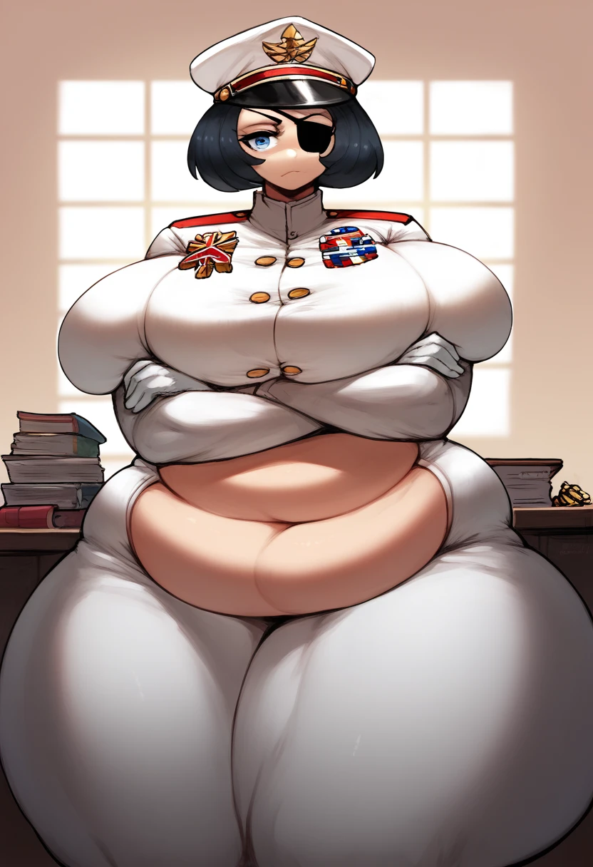 Masterpiece,best quality, high resolution,1 girl,black hair,short hair, blue eyes, eye patch,black eye patch, cowboy shot, military uniform,medals, ((White military uniform)),red accents, golden buttons, general cap,white gloves, voluptuous figure, dummy thicc,huge breasts, wide hips,thick thighs,angled view, military office, wooden desk, window, cabinet,plump, belly,((arms crossed)), squeezed breast 