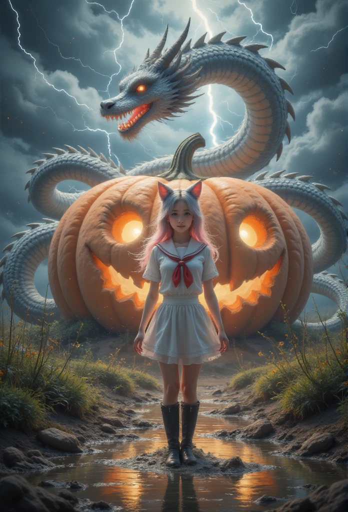 1 woman, With a Chinese dragon behind，Lightning thunder，There is a Chinese dragon behind the huge pumpkin house ，direction, Silver Hair,   heart-shaped student  , Cat ears朵, Grin, Glowing Light, Film Grain, 8K,  superdetail, Precise,  is the best quality, 1080P,  Ultra HD, 8K animal ears，Blushing，schoolgirl， white sailor suit with pink hair, blue collar ，cry，fall，Cat ears， a ，Shoot a real person ， is the best quality，masterpiece， extremely exquisite and beautiful ，Very  detailed，CG，8K， Amazing Cleavage ， detailed，masterpiece， is the best quality at best，Very  detailedd CG unity 8k wal，Wearing boots ， with pink hair ,   with legs stuck in the mud  ,  full of dirt ,  struggling in a muddy swamp 