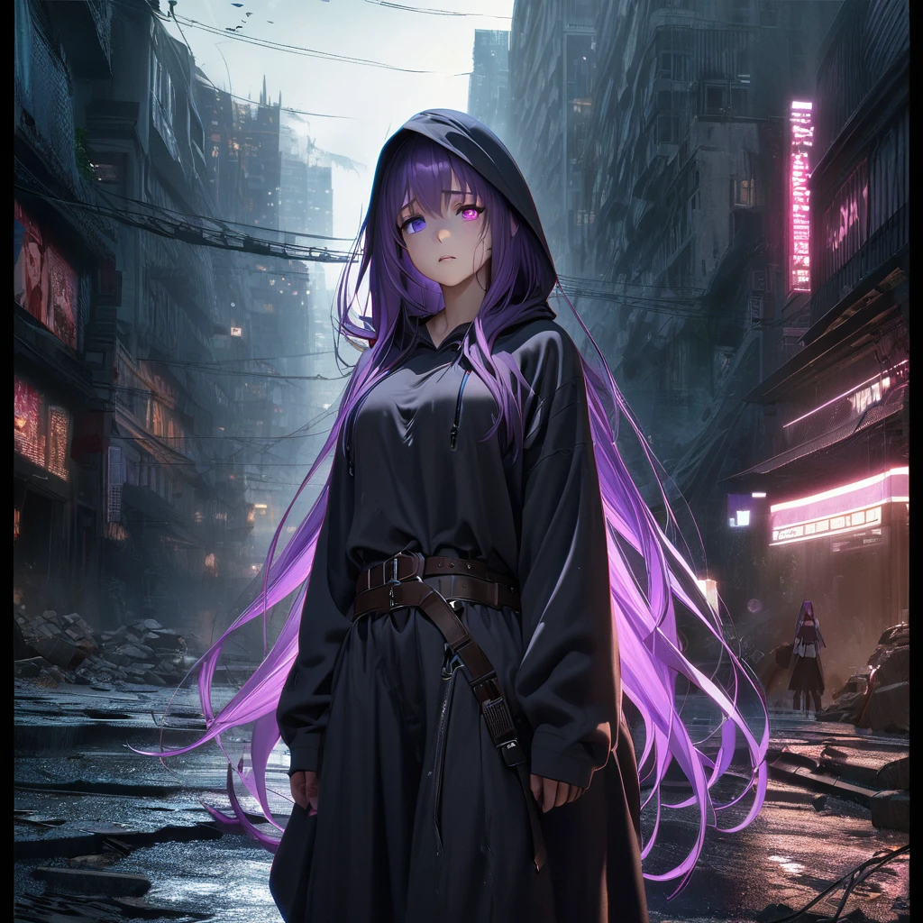  high definition,  Best quality, realistic anatomy , External border, 1 girl, depression, against the background of a frightening gray destroyed city at night ,  loose black baggy clothes with belts and a hood,  long hair ,  extra long hair ,  purple hair,  Purple eyes, Heterochromia, Cry with your eyes open, sad,  ray tracing , 8K rendering, anime, 