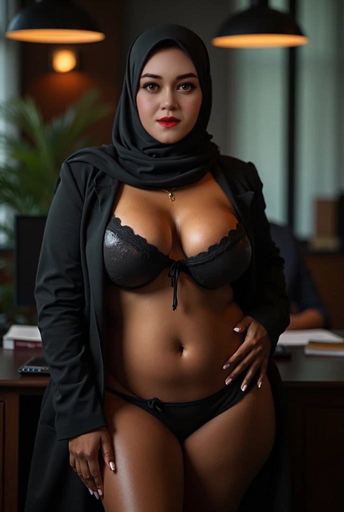 Stunning Arabian Hijab beautiful woman with makeup, seductively standing pose, bbw, huge Breasts, Huge Butt, very curvy figure bodyshape, wearing arabian style black bikini with arabic designs patterns on it , Night in Moroccan Market, 16K, HD, High resolution, facing camera, very curvy body with big ass, curly hair