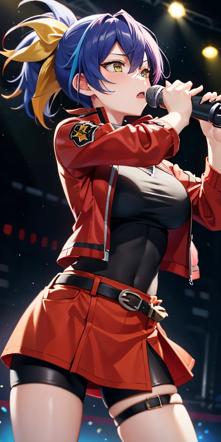 1 Female,High definition,high resolution,Ultra-realistic,8K, aaserena, yellow ponytail, ((multicolored hair)), red jacket, black shirt, belt, red skirt,(shorts under skirt), tight skirt, miniskirt ,jewelry, large breasts,holding instrument, microphone, singing,European,sexy,Upper body close-up,Photographed from the front,Dynamic Angles,(blush), (medium tits) ,(perfect hands), multicolored hair ,thigh strap 