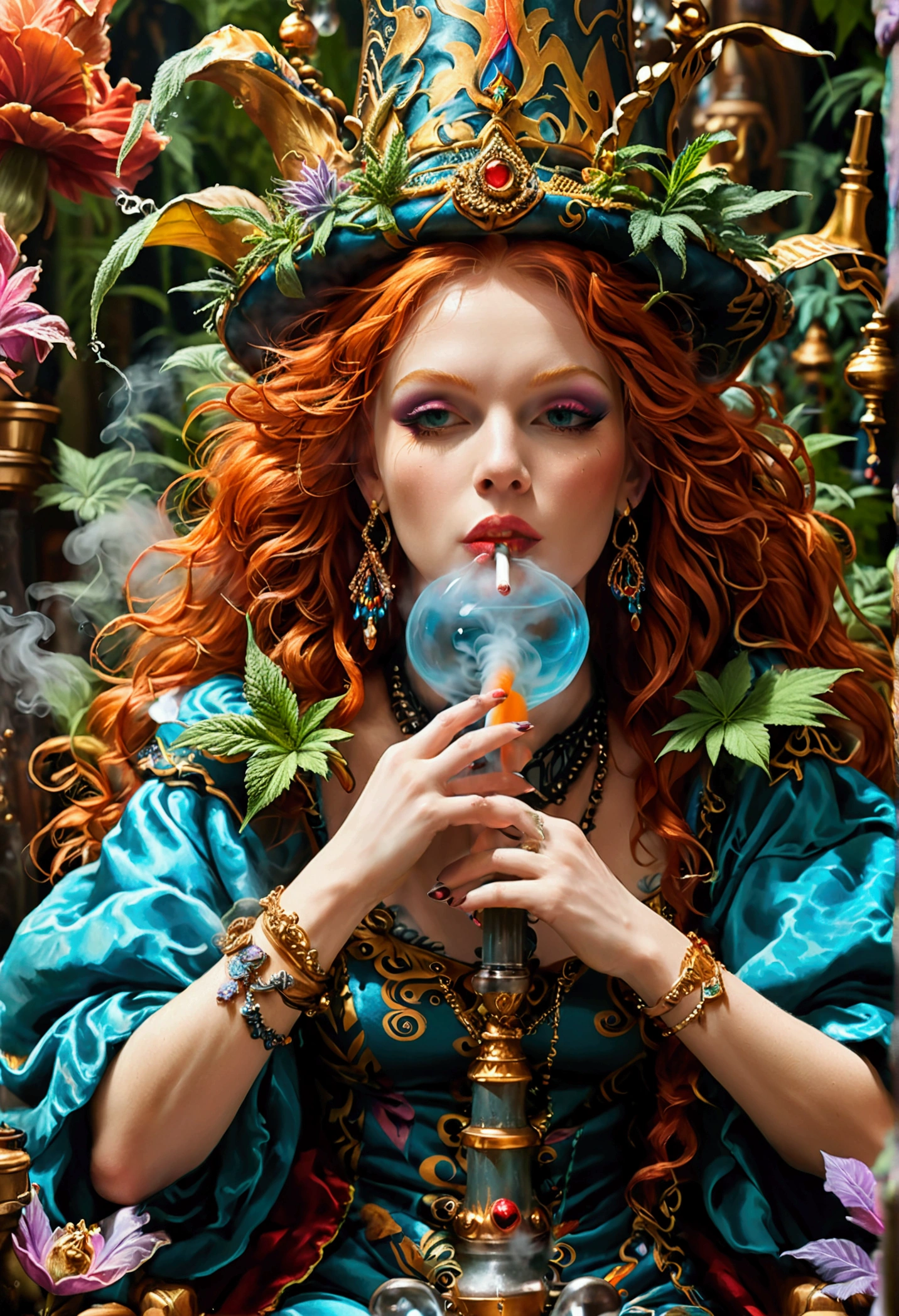 Full color t-shirt design, Ginger haired Cannabis queen sitting on her throne smoking from a large huka water bong, the jester entertains the court, surrounded by mythical creatures similar to an Alice in Wonderland storyline or out of rens storybooks