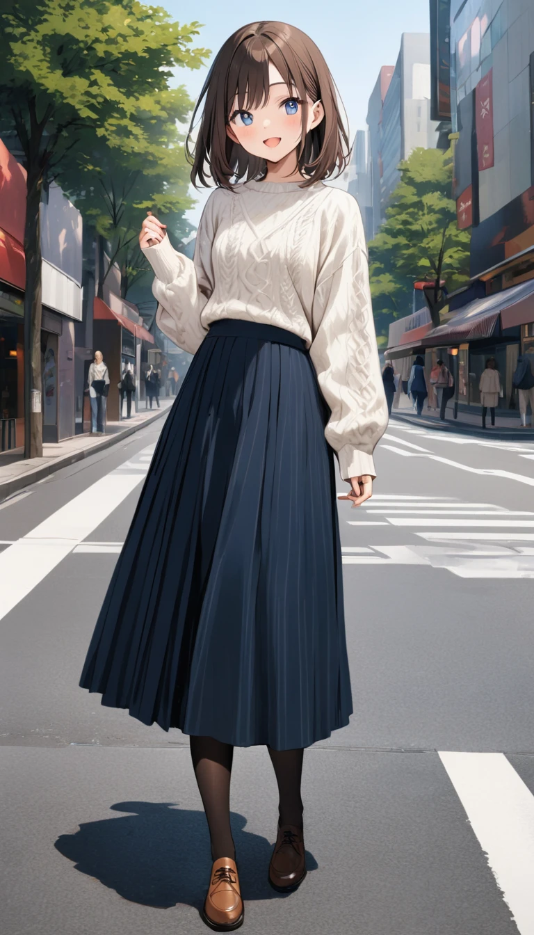 full body、 best quality ,High image quality,masterpiece,  casual, White ((Knitted sweater)), One person, very cute girl 、Complex pupil, Deep blue eyes, smile, open mouth, blush, ((small breasts)), medium hair, Brown Hair, Right-parted bangs,  brown (( plaid flared long skirt)), Navy pantyhose, Detailed cloth texture, Shibuya City, 