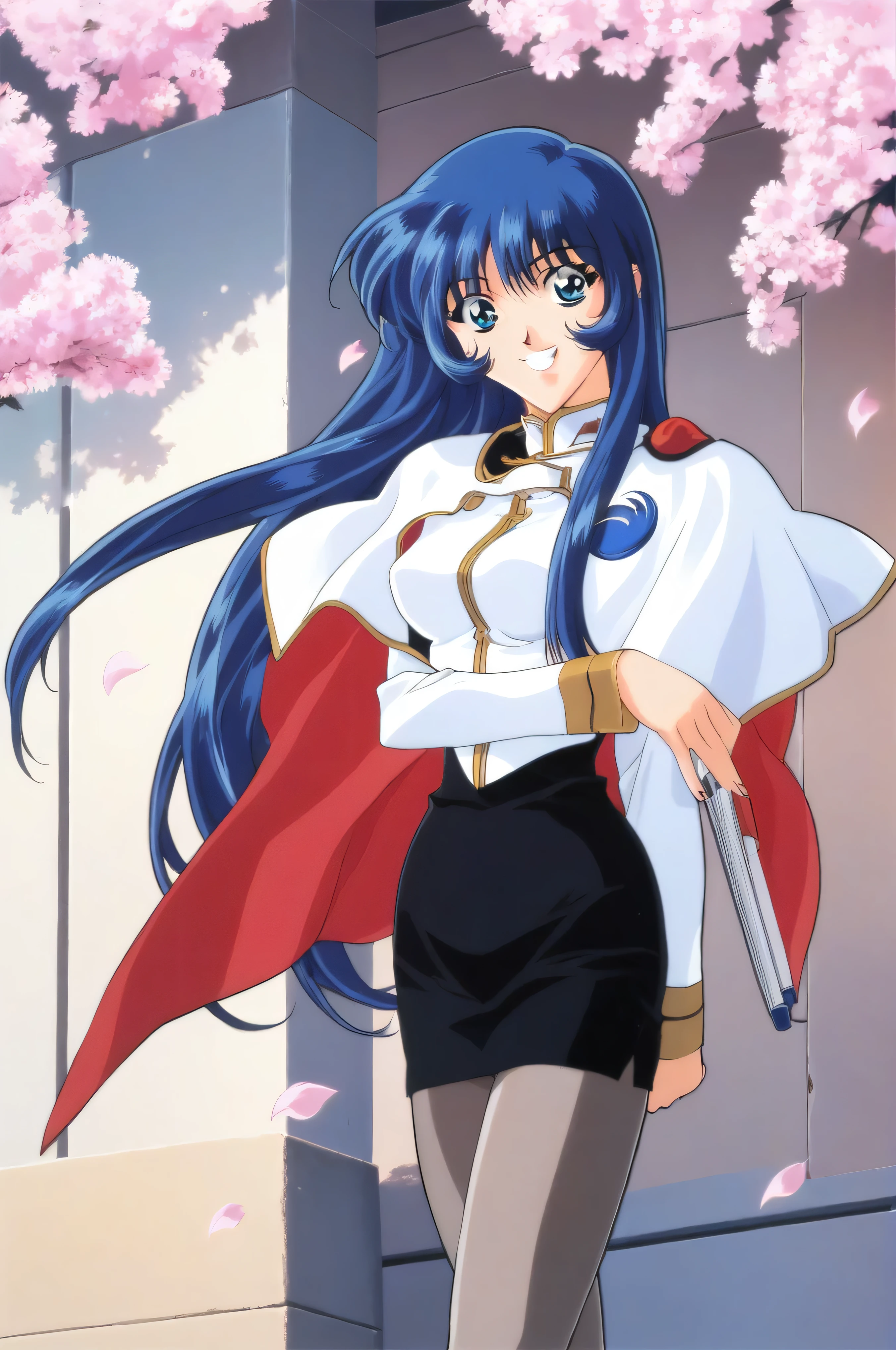 score_9,score_8_up,score_7_up,masterpiece,best quality,very aesthetic,absurdres,official art,official style,evil grin,
Misumaru Yurika,1girl,solo,retro artstyle,pantyhose,blue hair,long hair,blue eyes,1990s \(style\),petals,cape,skirt,uniform,flower,smile,pencil skirt,standing,day,