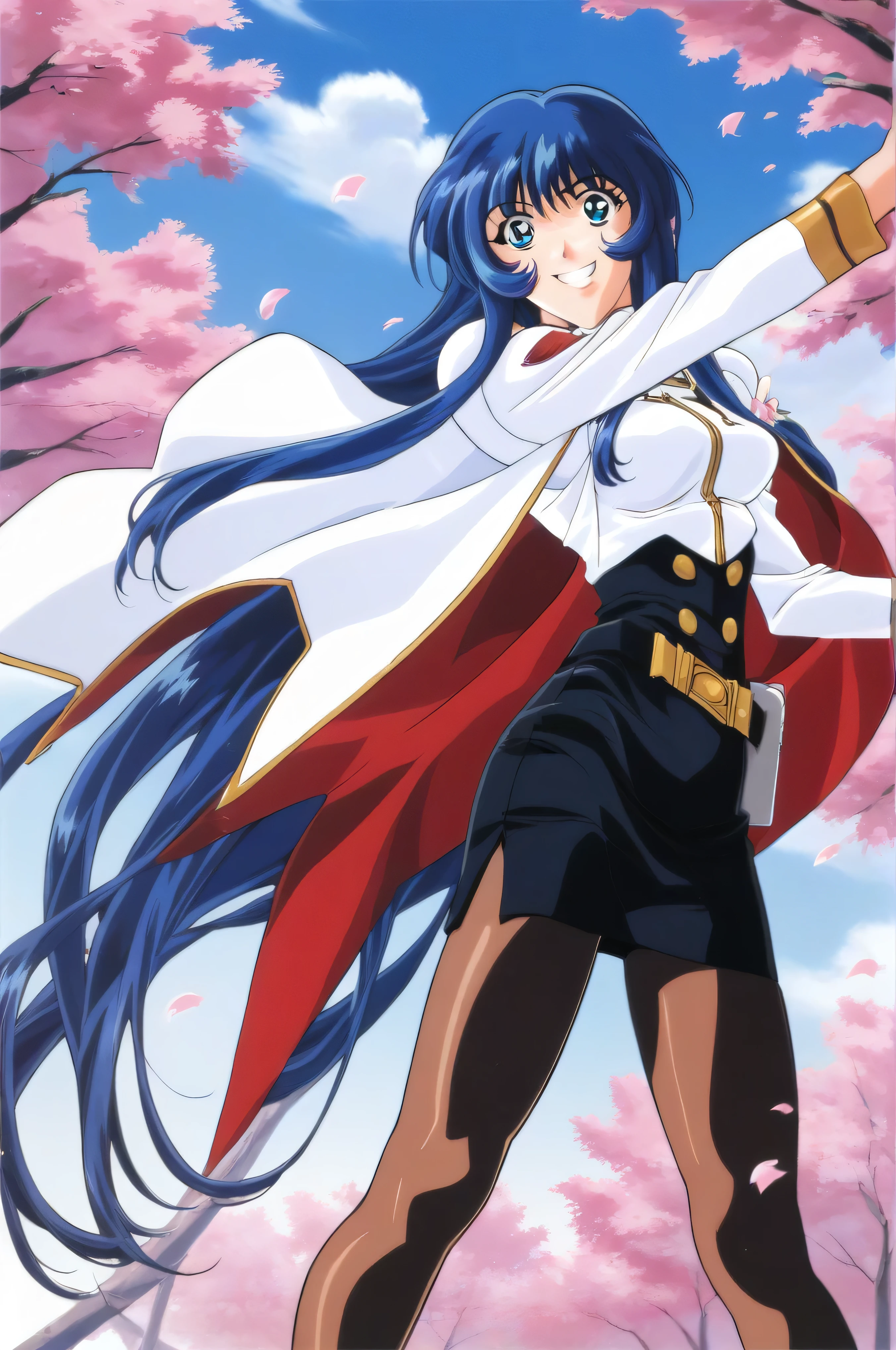 score_9,score_8_up,score_7_up,masterpiece,best quality,very aesthetic,absurdres,official art,official style,evil grin,
Misumaru Yurika,1girl,solo,retro artstyle,pantyhose,blue hair,long hair,blue eyes,1990s \(style\),petals,cape,skirt,uniform,flower,smile,pencil skirt,standing,day,