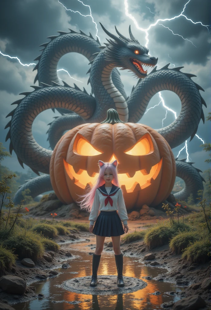 1 woman, With a Chinese dragon behind，Lightning thunder，There is a Chinese dragon behind the huge pumpkin house ，direction, Silver Hair,   heart-shaped student  , Cat ears朵, Grin, Glowing Light, Film Grain, 8K,  superdetail, Precise,  is the best quality, 1080P,  Ultra HD, 8K animal ears，Blushing，schoolgirl， white sailor suit with pink hair, blue collar ，cry，fall，Cat ears， a ，Shoot a real person ， is the best quality，masterpiece， extremely exquisite and beautiful ，Very  detailed，CG，8K， Amazing Cleavage ， detailed，masterpiece， is the best quality at best，Very  detailedd CG unity 8k wal，Wearing boots ， with pink hair ,   with legs stuck in the mud  ,  full of dirt ,  struggling in a muddy swamp 