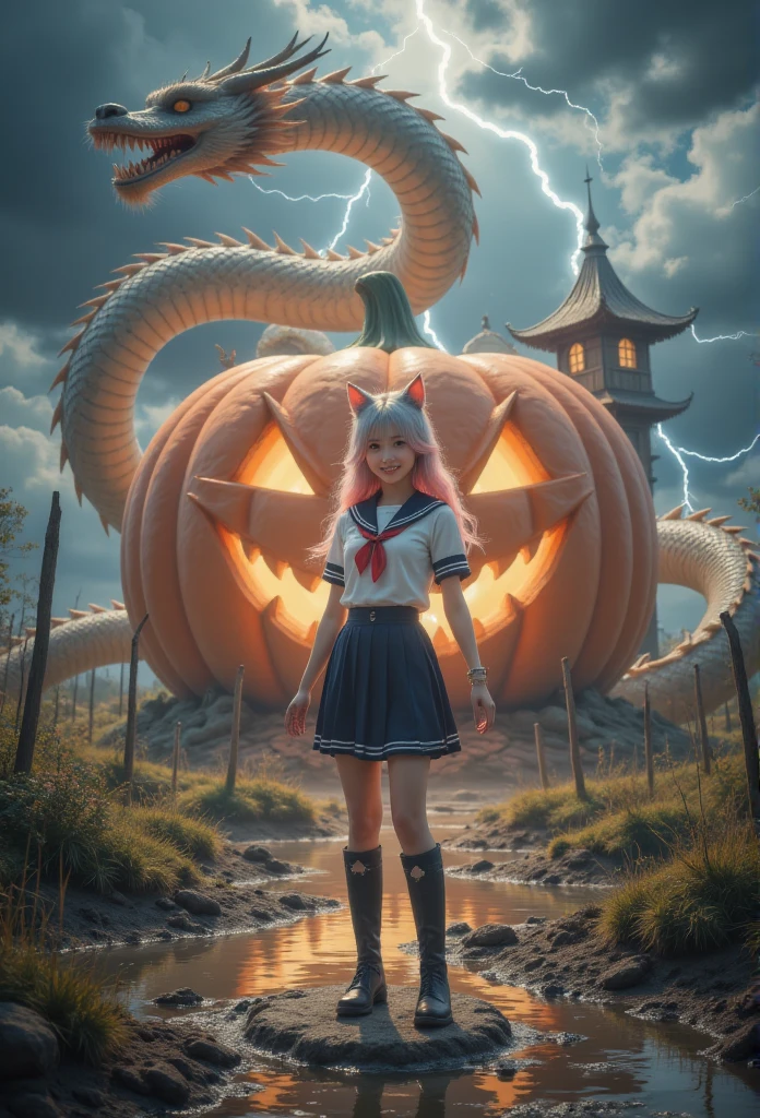 1 woman, With a Chinese dragon behind，Lightning thunder，There is a Chinese dragon behind the huge pumpkin house ，direction, Silver Hair,   heart-shaped student  , Cat ears朵, Grin, Glowing Light, Film Grain, 8K,  superdetail, Precise,  is the best quality, 1080P,  Ultra HD, 8K animal ears，Blushing，schoolgirl， white sailor suit with pink hair, blue collar ，cry，fall，Cat ears， a ，Shoot a real person ， is the best quality，masterpiece， extremely exquisite and beautiful ，Very  detailed，CG，8K， Amazing Cleavage ， detailed，masterpiece， is the best quality at best，Very  detailedd CG unity 8k wal，Wearing boots ， with pink hair ,   with legs stuck in the mud  ,  full of dirt ,  struggling in a muddy swamp 