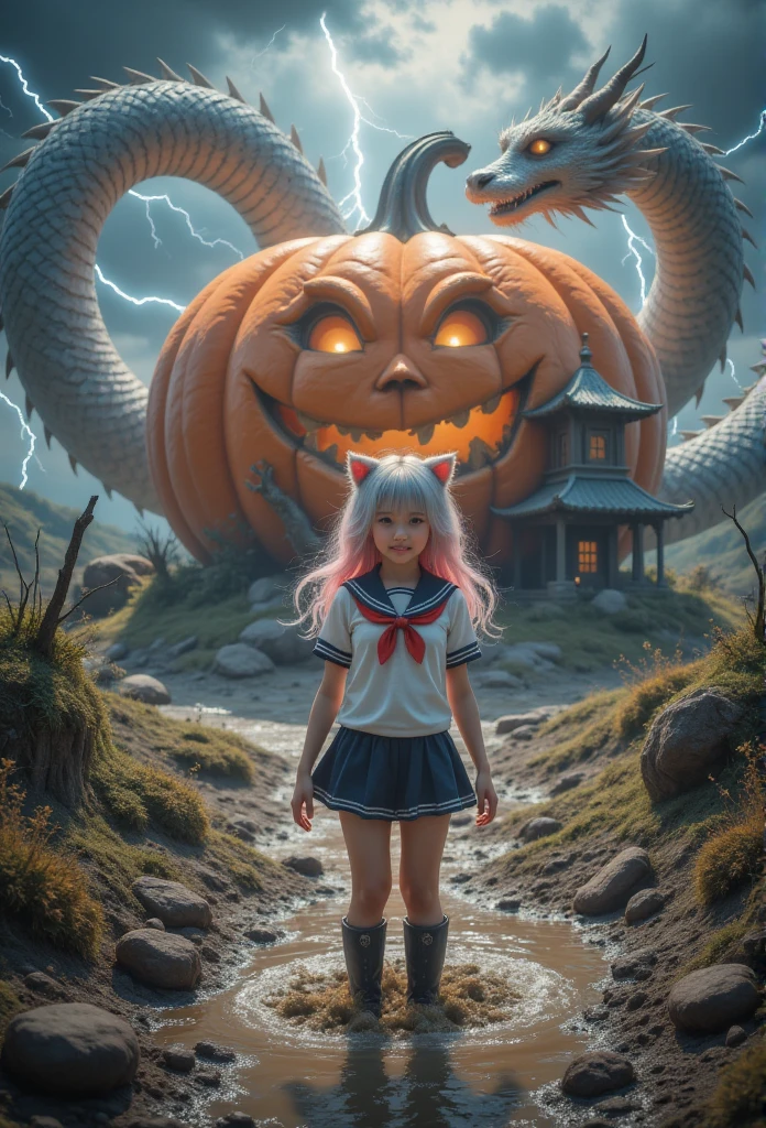 1 woman, With a Chinese dragon behind，Lightning thunder，There is a Chinese dragon behind the huge pumpkin house ，direction, Silver Hair,   heart-shaped student  , Cat ears朵, Grin, Glowing Light, Film Grain, 8K,  superdetail, Precise,  is the best quality, 1080P,  Ultra HD, 8K animal ears，Blushing，schoolgirl， white sailor suit with pink hair, blue collar ，cry，fall，Cat ears， a ，Shoot a real person ， is the best quality，masterpiece， extremely exquisite and beautiful ，Very  detailed，CG，8K， Amazing Cleavage ， detailed，masterpiece， is the best quality at best，Very  detailedd CG unity 8k wal，Wearing boots ， with pink hair ,   with legs stuck in the mud  ,  full of dirt ,  struggling in a muddy swamp 