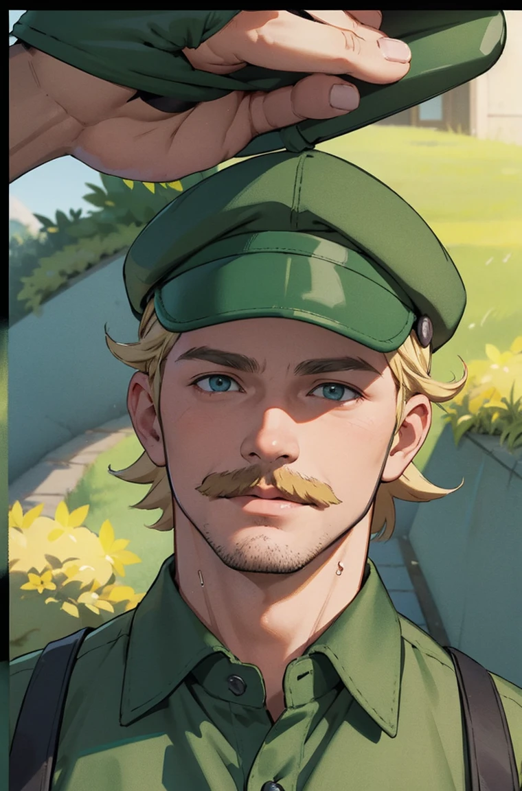 Perfect picture,,{An older  pokemon trainer man } man,4K picture quality, Cinematic, short blonde hair, blonde mustache, green cap. green khaki button shirt