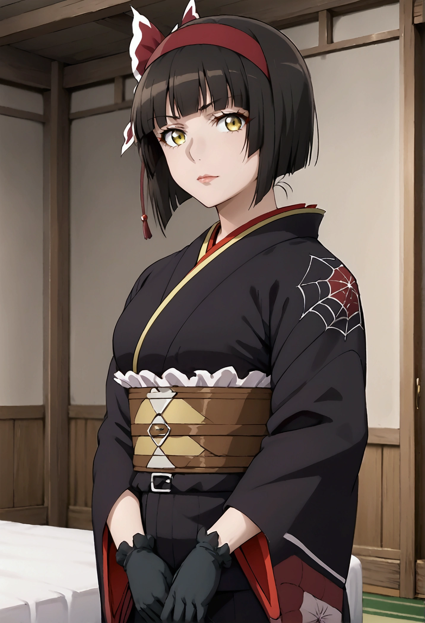 TSUKIMIO, HEADBAND, KIMONO, OBI, BLACK GLOVES, YELLOW EYES, BLACK HAIR, stand, Confident pose, Room, Arrogant attitude, Displeased face