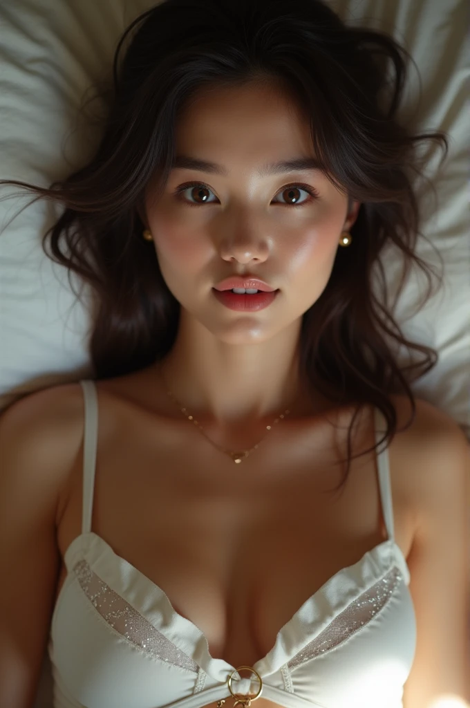 {{masterpiece, Highest quality, Highly detailed CG, unity 8k wallpaper, Cinema Lighting, }}, Sony a7, Wide Frame, 1 person, whole body, smile, 、Beautiful skin quality、Transparency、She is in bed in her boyfriend's room.,Wrapped in white sheets、I'm staring at you from under the sheets、 In underwear、Black underwear、Alluring、woman、womanらしいからだのライン、Japanese, 30 years old, Real、Sticking out tongue、smile, Blonde, Brown eyes , Long eyelashes ,
