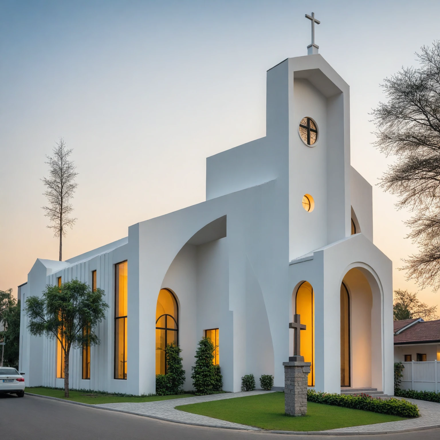 raw photo, best quality, ultra realistic, masterpiece, best quality skin, photography hd, dslr,
tcs, httlvn, modern church, road, people, house, facade design, outdoors, church, white walls, cross on top, curved shape building, 
Dusk, sunshine, 
View from a tree, dof view, 
