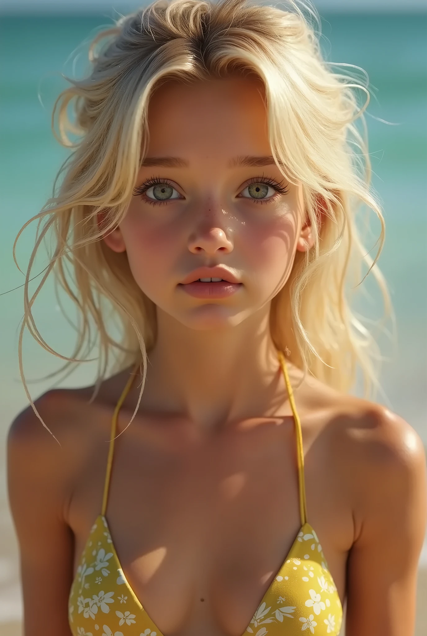 ((masterpiece, highest quality, Highest image quality, High resolution, photorealistic, Raw photo, 8K, detailed, realism, realistic, detailed face, details, entire body)) european girl, blonde girl, naked, adorable, cute, kawai, slender, natural lips,, at the beach, tiny breast, small ass, dramatic lighting, in the sea, vagina, hairy pussy