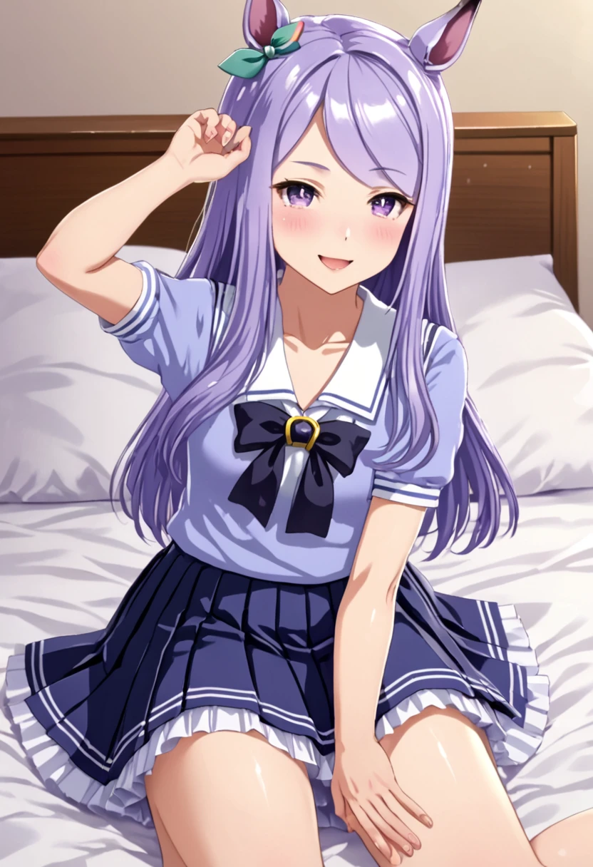 ((8K, Best Quality, masterpiece, Highly detailed)),{{{NSFW}}},Semi-realistic illustrations,Mejiro McQueen \(umamusume\),{1 girl,beautiful girl,cute,smile,kawaii, lovely,blushing,playful expression},sharp focus,oily skin,beautiful detailed hair,glossy hair,(wear school uniform:1.5),(two nipples slip from school uniform:1.2)(NSFW),erection-of-nipples,(lying on the bed:1.2),wear long school skirt,perfect two legs,(spread two legs:1.2),(show-off-white-panties:1.3),five fingers,large breaths,wear black pantyhose,beautiful detailed eyes,jewel like eyes,violet eyes, (two hands behind head:1.1),open mouth,armpits, solo,beautiful navel, looking at viewer,collarbone,earring