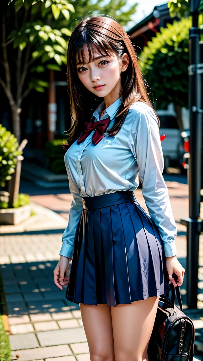 8k、（masterpiece、Best Quality:1.3）、（ very detailed :1.2）、 perfect anatomy、 beautiful Japanese woman 、18 years old、high school student、 Healthy Thighs、 beautiful feet、Beautiful Skin、 random hair color 、 random hairstyles、Big Breasts、(Japanese High School Uniform:1.3) 、 Full Body Shot 、 loafers、I have a student bag in my hand、Main Street、Japanese beauty