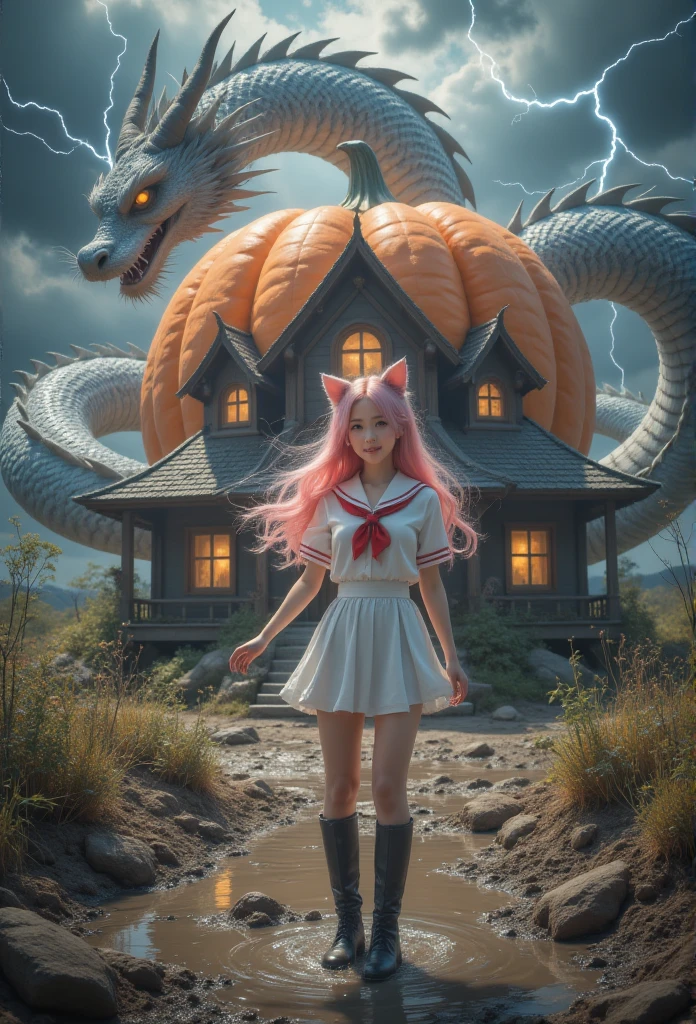 1 woman, With a Chinese dragon behind，Lightning thunder，There is a Chinese dragon behind the huge pumpkin house ，direction, Silver Hair,   heart-shaped student  , Cat ears朵, Grin, Glowing Light, Film Grain, 8K,  superdetail, Precise,  is the best quality, 1080P,  Ultra HD, 8K animal ears，Blushing，schoolgirl， white sailor suit with pink hair, blue collar ，cry，fall，Cat ears， a ，Shoot a real person ， is the best quality，masterpiece， extremely exquisite and beautiful ，Very  detailed，CG，8K， Amazing Cleavage ， detailed，masterpiece， is the best quality at best，Very  detailedd CG unity 8k wal，Wearing boots ， with pink hair ,   with legs stuck in the mud  ,  full of dirt ,  struggling in a muddy swamp 