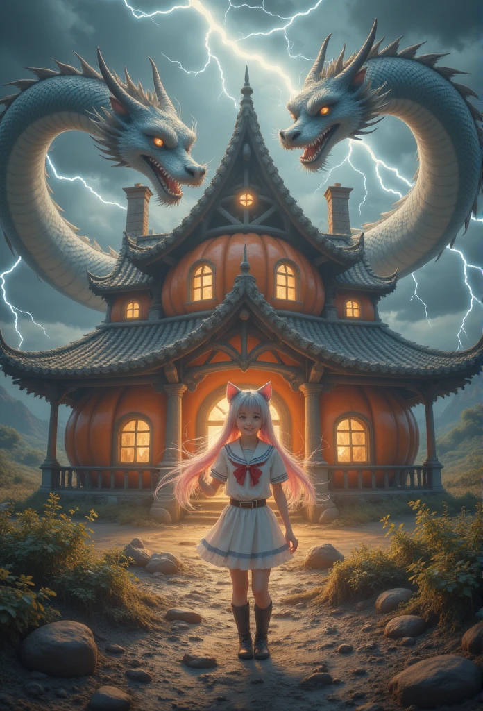 1 woman, With a Chinese dragon behind，Lightning thunder，There is a Chinese dragon behind the huge pumpkin house ，direction, Silver Hair,   heart-shaped student  , Cat ears朵, Grin, Glowing Light, Film Grain, 8K,  superdetail, Precise,  is the best quality, 1080P,  Ultra HD, 8K animal ears，Blushing，schoolgirl， white sailor suit with pink hair, blue collar ，cry，fall，Cat ears， a ，Shoot a real person ， is the best quality，masterpiece， extremely exquisite and beautiful ，Very  detailed，CG，8K， Amazing Cleavage ， detailed，masterpiece， is the best quality at best，Very  detailedd CG unity 8k wal，Wearing boots ， with pink hair ,   with legs stuck in the mud  ,  full of dirt ,  struggling in a muddy swamp 