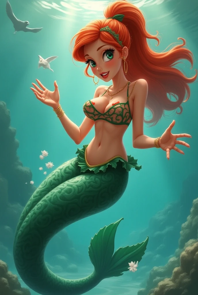 a beautiful nude mermaid with big messy hair, holds a conch shell up to the sun, full body, vibrant, colorful stardust and dynamic lighting, dynamic angle, cute detailed digital art, colorful, digital fantasy art, digital fantasy art, glossy digital painting, pastel vibrant