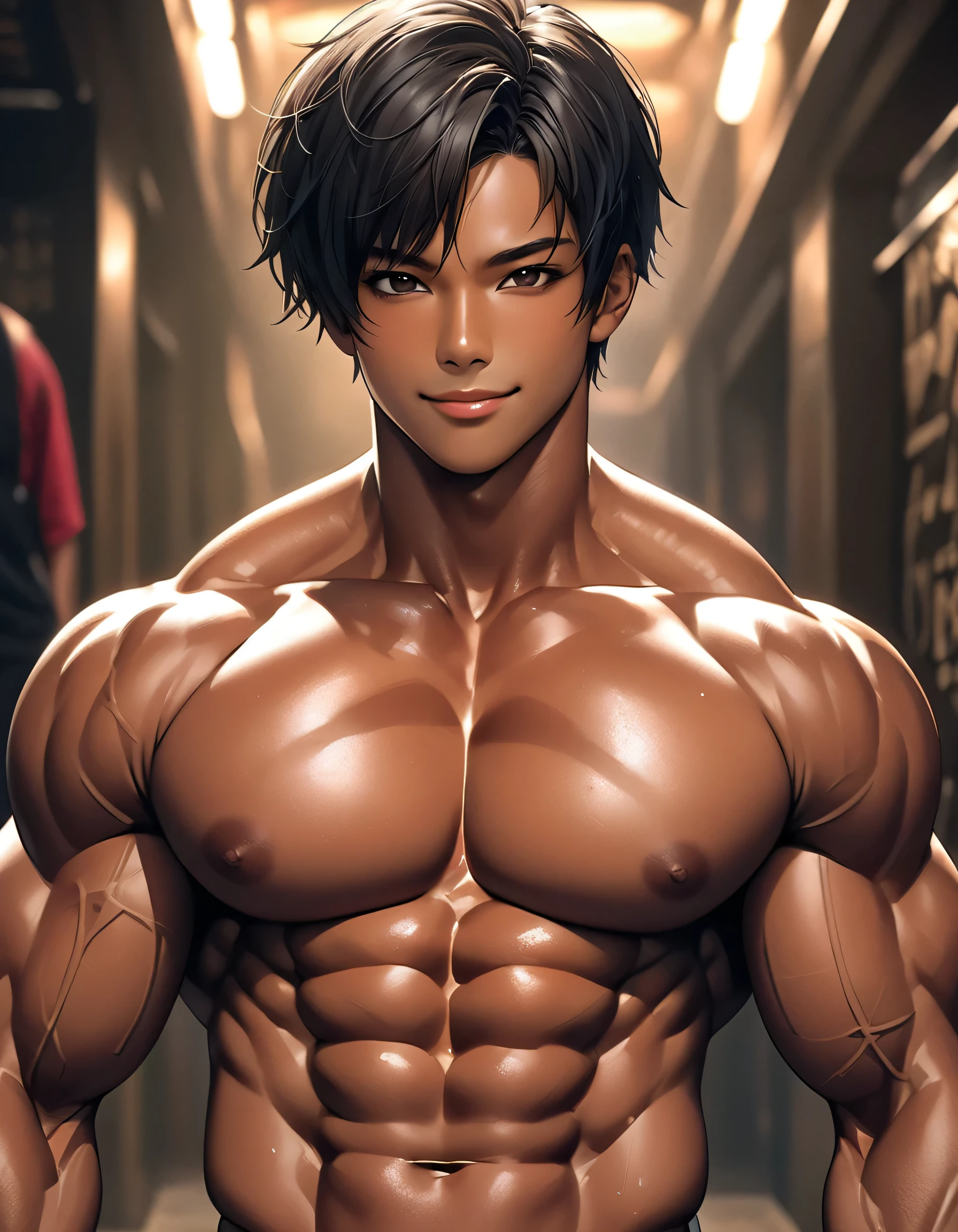 high quality, detailed, Realistic, 16 years old japanese black boy,(detailed brown eyes), (abs:1.5), (deep dark skin:1.3), (detailed areola), black short hair, (black tiny thong), (bulge), spread legs,