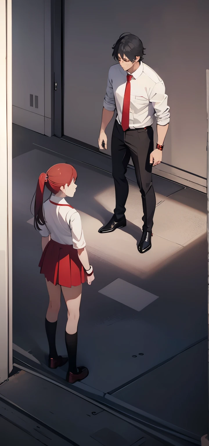 a scene of anime girl and boy , standing, wearing white shirt red tie black skirt black shoe 