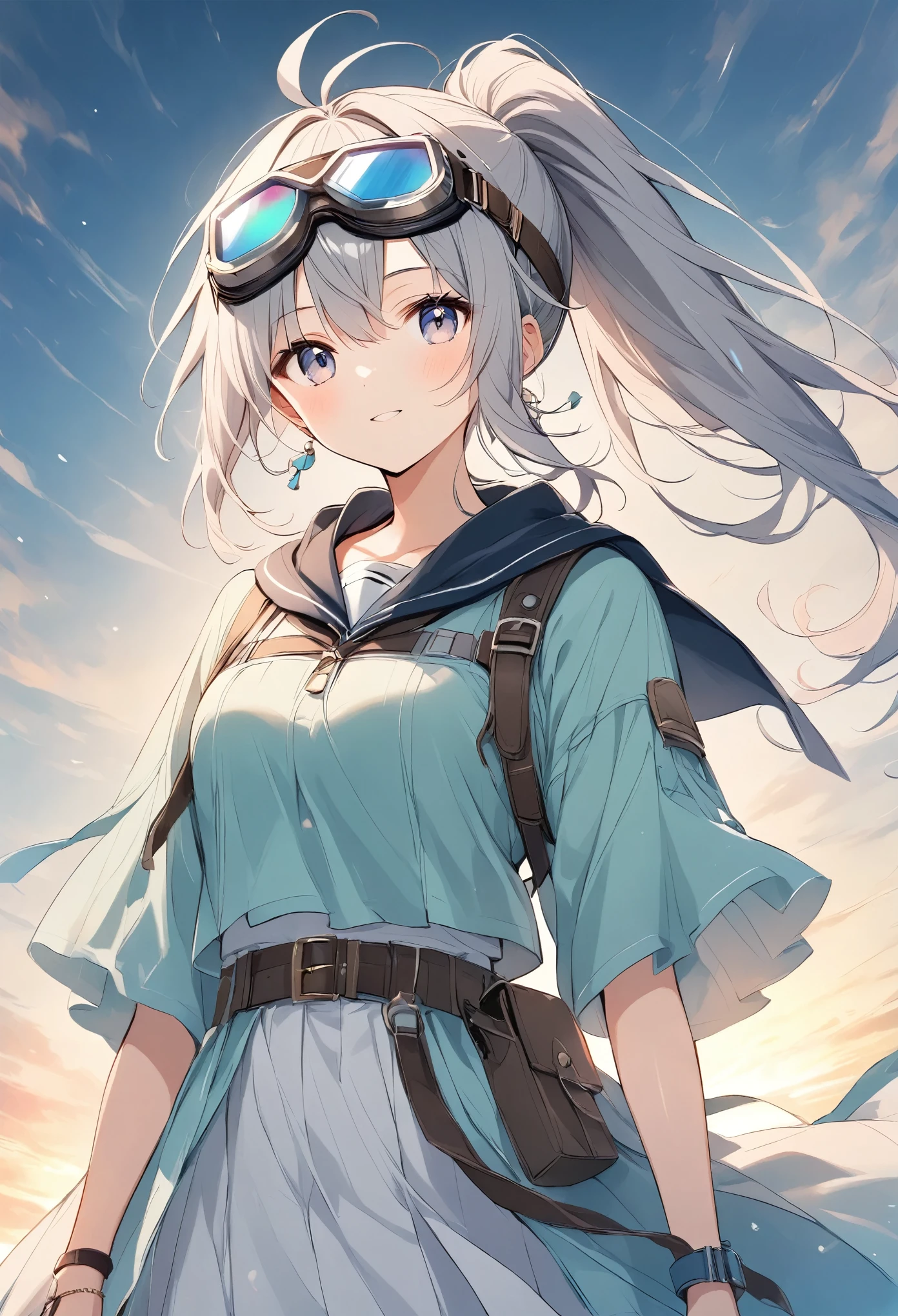  Light lines and soft colors create a dreamy effect., Gray Hair、 long ponytail、 wearing goggles 、Adventurer&#39;s Outfit、Explorer、Pointing out gloves 、 khaki and beige attire、Explorerのバックパック、Jungle Background
