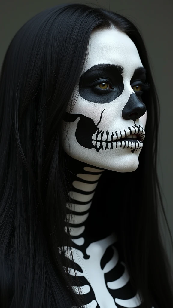 masterpiece, ultra high definition, high resolution, high contrast, portrait of a woman, long black hair, perfectly detailed and intricate skeleton make-up