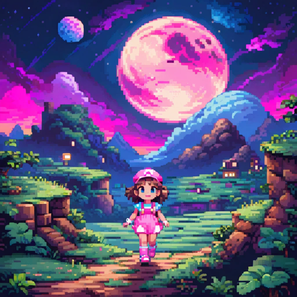 ((masterpiece)), ((best quality)), 8k, high detailed, ultra-detailed, 2D pixel art, chibi girl walking, dreamy, retro 8-bit style, SNES game, Mario-like side-scrolling shot, visible ground cross-section, cute, glowing moon overhead, fancy night sky, dreamy scenery, soft synthwave atmosphere, past characters from stages in the background, vivid, walking animation