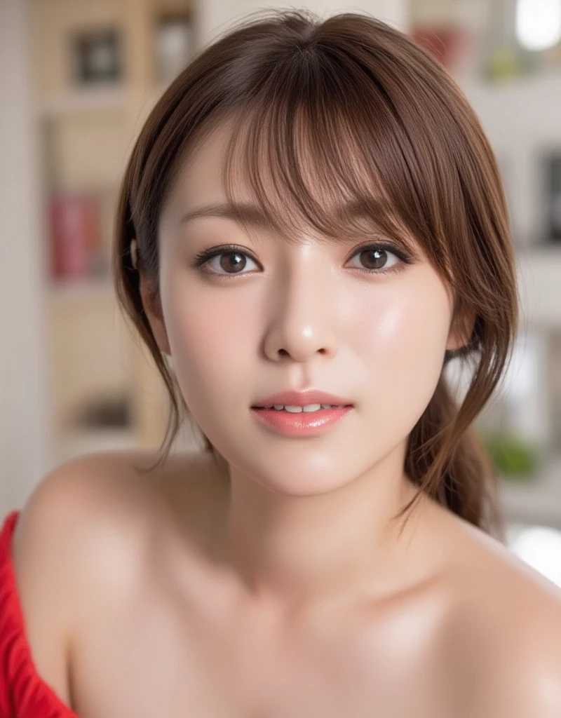  fashion trendy, beautiful and attractive woman, ,( Top quality realistic textured skin :1.4), Detailed eyes, Detailed face,  high quality eyes ,  Lights That Highlight Your Sweaty Skin , Nose and mouth, Face Focus ,  delicate and sexy collarbone,  Attractive Oval Face , double eyelid,  white skin、smile、 Pink Lips, Small Nose, Shoulder Bare, Full Body Closeup , Ultra High Resolution, super detailed, Full body images, Ultra-thin and transparent, Red off-the-shoulder dress、Goes great with a slit miniskirt, big chest、Emphasized breasts、Thighs、Big Breasts