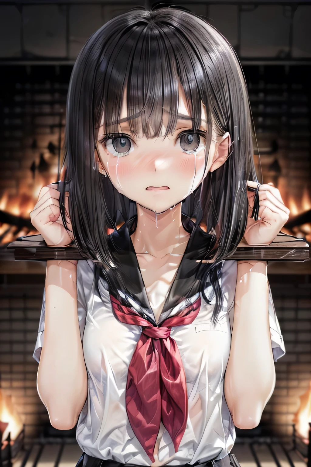 (masterpiece, Best Quality, 8K,Raw photo, High resolution:1.5), (1 girl, looking at viewer, upper body:1.8), (seiza on the floor, arms behind back, a girl is crying:1.8), (crying, sobbing, tearing, tearful, full-face blush, embarrassed, shyness:1.9), (night, indoor, moon light, mountain Log cabin, blockhouse japanese bedding futon, fireplace in darkness, snow mountain view:1.8), (Candid, Sophisticated, Thin arms, Narrow waist, Slim body, Slender girl:1.5), (Bokeh:1.7), (cleavage, small breasts, covered nipples:1.5), Beauty, (Unbuttoned shirt, naked open shirt, school uniform with red ribbon, short sleeve shirt, Pleated miniskirt, chained slave metal collar, handcuffed hands:1.6), (black short hair, brilliant eyes, black eyes:1.8), (Pillory:1.5)