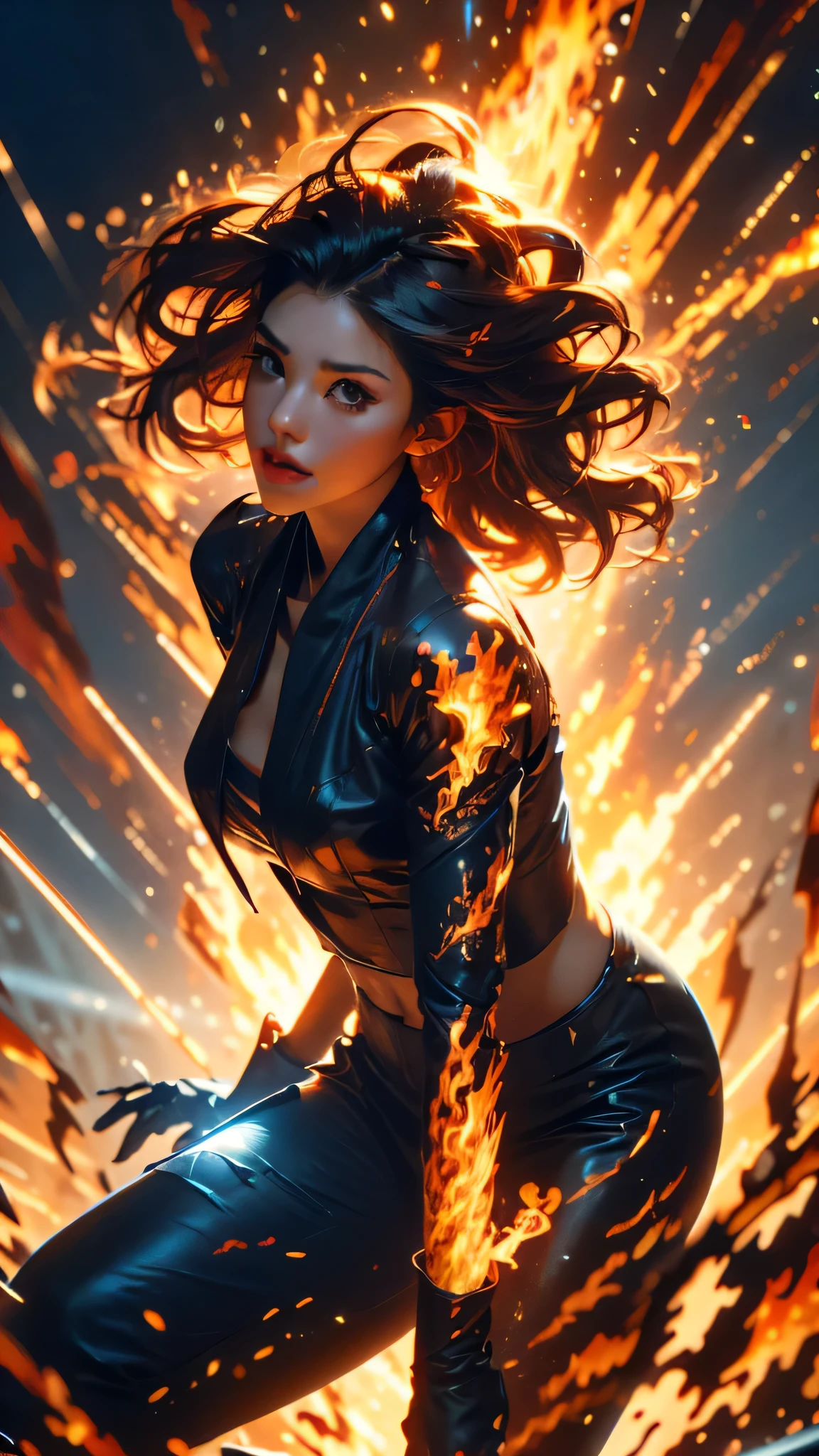 short wavy grey hair, beautiful woman, pro lighting, Sharp focus, cinematic, (Realistic face details), complicated details, very high details, Realistic photos, 8k, super details, UHD, dynamic camera angle, dynamic pose, hips up, flaming background, flaming arm, flaming outfit 