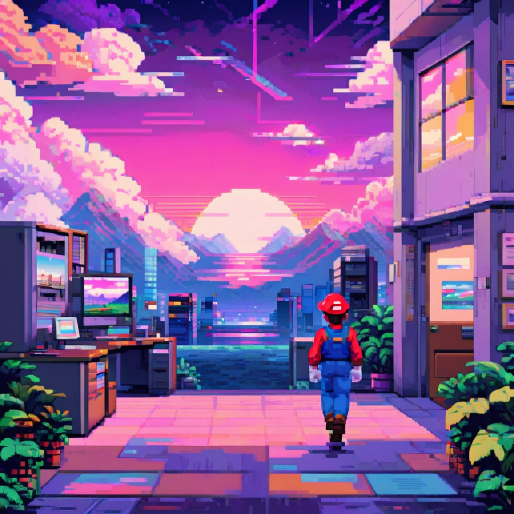 ((masterpiece)), ((best quality)), 8k, high detailed, ultra-detailed, 2D pixel art, Handsome man , office, walking, dreamy, retro 8-bit style, SNES game, Mario-like side-scrolling shot, visible ground cross-section, dreamy scenery, soft synthwave atmosphere, past characters from stages in the background, vivid, walking animation