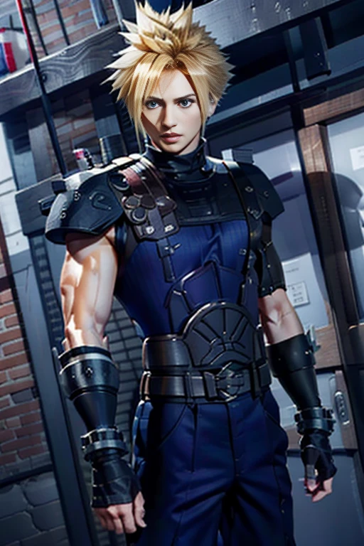 (High-definition CG), (  best quality  ), (High-definition CG), (  best quality  ), (Cloud Strife), (Overall view)  Huagai with a cool and handsome face  ,Sentai Hero Suit,  Beauty, 18 years old,   toned and muscular ,  With a cool and handsome face , Sharp Eye, Large breasts,