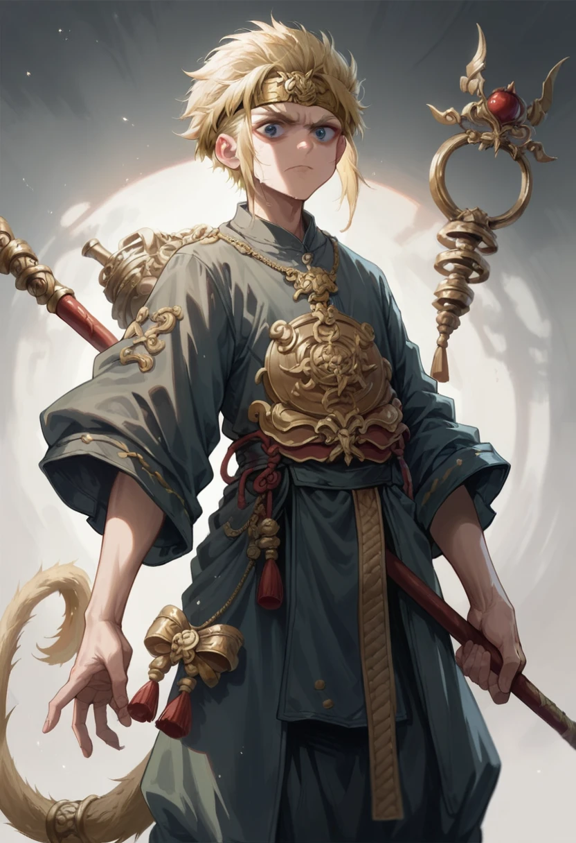 wukong, light blonde hair, twin tail, Golden Headband, the magical staff, Ruyi Jingu Bang, holding ruyi jingu bang  