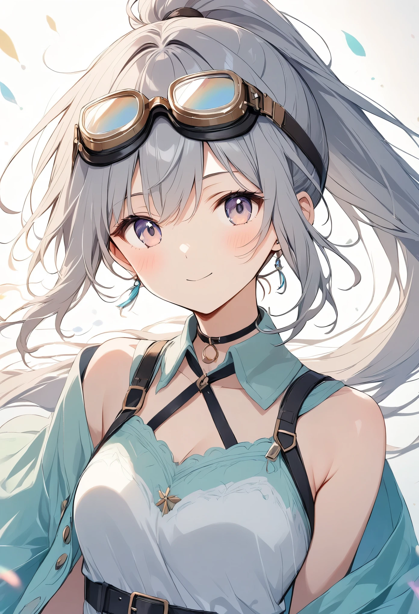  Light lines and soft colors create a dreamy effect., Gray Hair、 long ponytail、 wearing goggles 、Adventurer&#39;s Outfit、Explorer、Pointing out gloves 、 khaki and beige attire、Explorerのバックパック、Jungle Background
