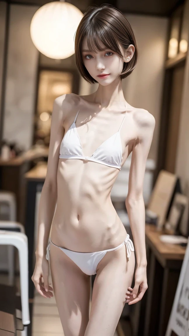 High image quality、 one girl、 perfect face、cute、 thin and slender body with only bones and skin、Malnutrition leads to weakness、 short cut hair 、 white skin、Too thin arms、Too thin legs、Big Eyes、 too thin waist 、Protruding ribs、Protruding collarbone、Flat stomach、Black Bikini、Hotel