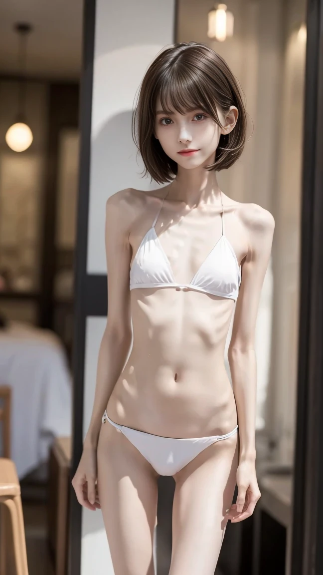 High image quality、 one girl、 perfect face、cute、 thin and slender body with only bones and skin、Malnutrition leads to weakness、 short cut hair 、 white skin、Too thin arms、Too thin legs、Big Eyes、 too thin waist 、Protruding ribs、Protruding collarbone、Flat stomach、Black Bikini、Hotel