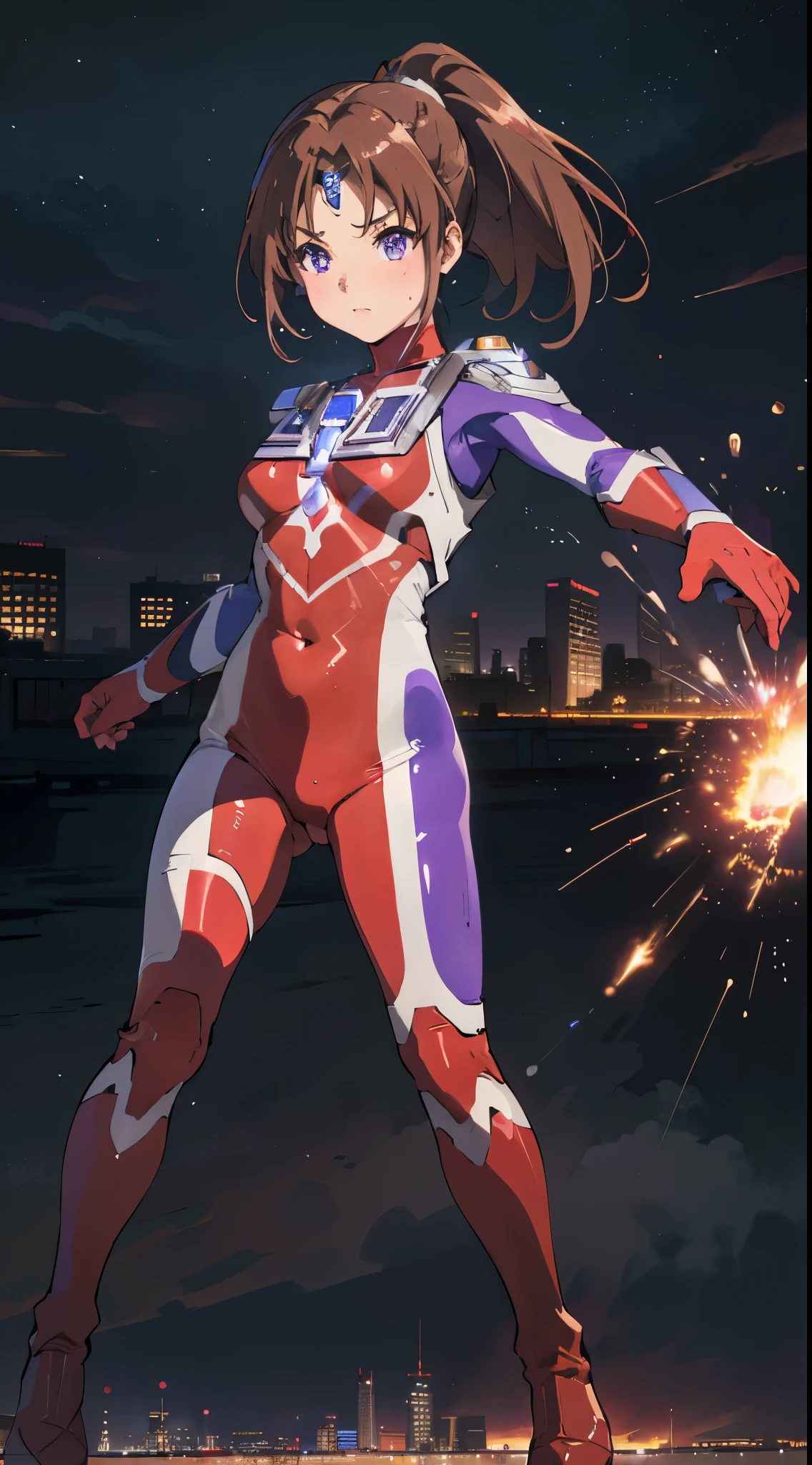 (Highest quality,4K,8k,masterpiece:1.2), 1 girl、( perfect face)、Brown hair ponytail、Beautiful purple eyes、Shiny and smooth skin、 expressive eyes, cowboy shot, (Ultra Girl:1.0), ( red Ultraman bodysuit:1.4),(Combat pose:1.3)( trained abs ), Trained Biceps,(Buildings:1.2)、Night view