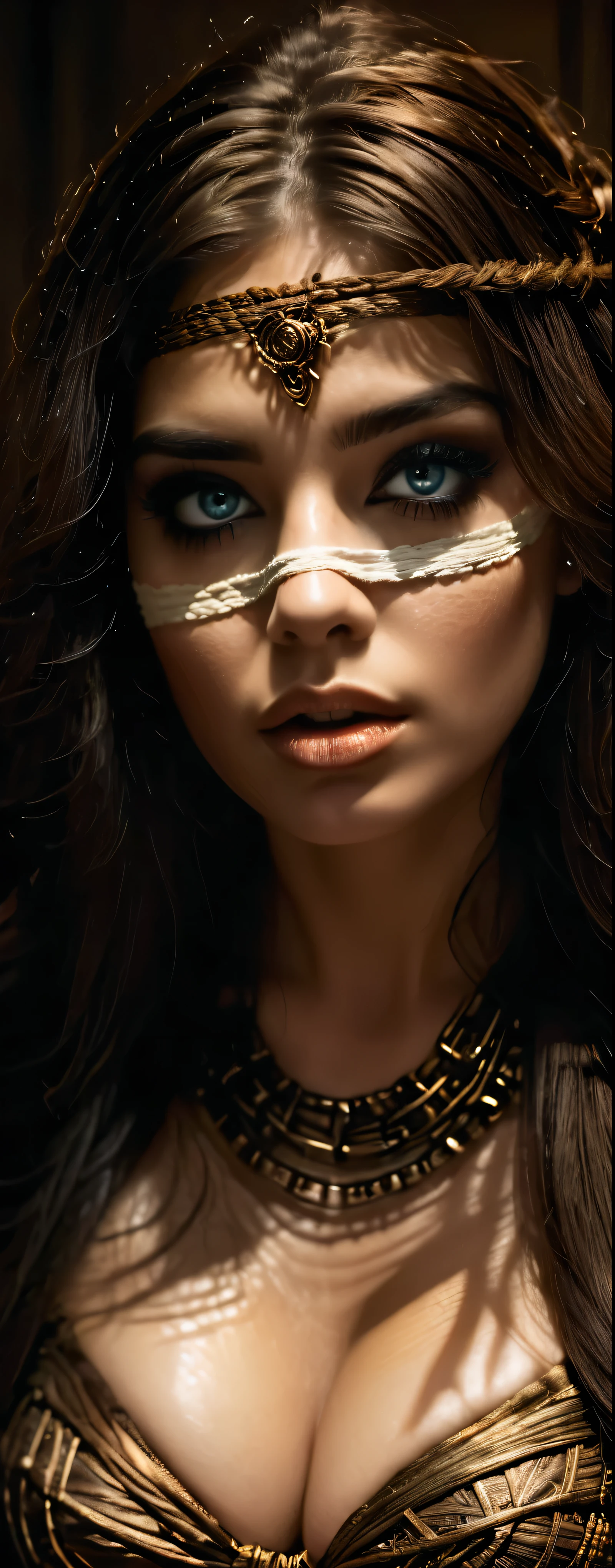 1girl, (erotic mummy outfit), beautiful detailed eyes, beautiful detailed lips, extremely detailed face and eyes, long eyelashes, elegant pose, (intricate bandage wraps), mysterious expression, dramatic lighting, dark moody atmosphere, cinematic composition, high quality, 32k, hyper detailed, masterpiece, photorealistic, dark fantasy, dramatic shadows, warm color tones