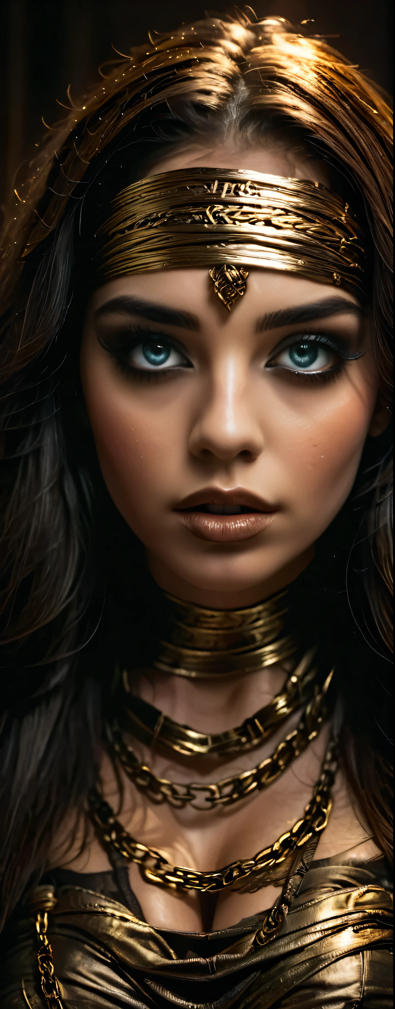 1girl, (erotic mummy outfit), beautiful detailed eyes, beautiful detailed lips, extremely detailed face and eyes, long eyelashes, elegant pose, (intricate bandage wraps), mysterious expression, dramatic lighting, dark moody atmosphere, cinematic composition, high quality, 32k, hyper detailed, masterpiece, photorealistic, dark fantasy, dramatic shadows, warm color tones