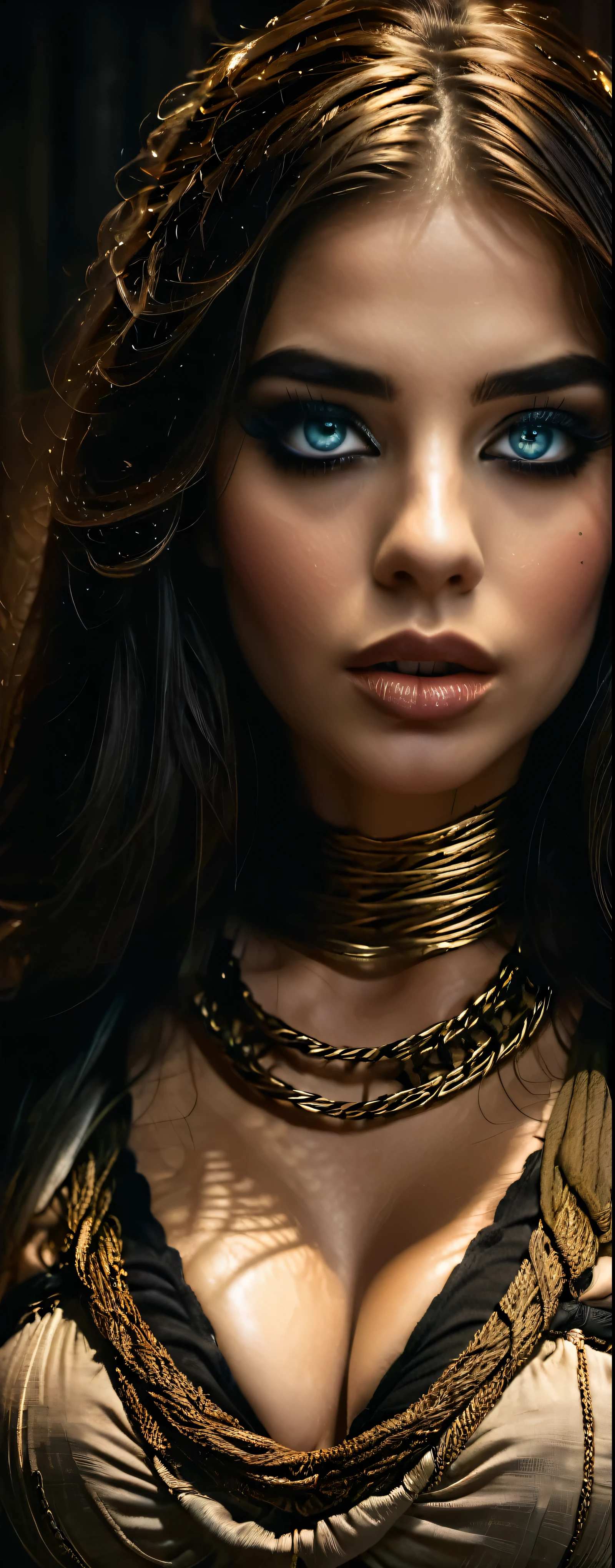 1girl, (erotic mummy outfit), beautiful detailed eyes, beautiful detailed lips, extremely detailed face and eyes, long eyelashes, elegant pose, (intricate bandage wraps), mysterious expression, dramatic lighting, dark moody atmosphere, cinematic composition, high quality, 32k, hyper detailed, masterpiece, photorealistic, dark fantasy, dramatic shadows, warm color tones