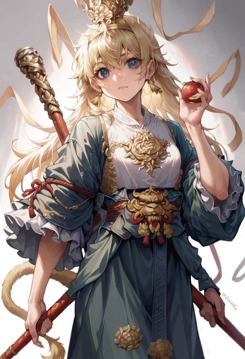 wukong girl, sexy, light blonde hair, twin tail, Golden Headband, the magical staff, Ruyi Jingu Bang, holding ruyi jingu bang   