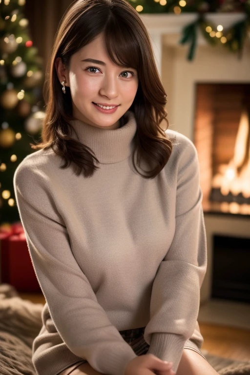  1 girl,( is wearing a turtleneck sweater),(Winter jackets),( RAW Photos, Best Quality), (Realistic, photo-Realistic:1.4), masterpiece,   very delicate and beautiful ,  very detailed , 2k wallpaper, wonderful, Detailed ,  very detailed  CG unity 8k wallpaper, Super detailed,  Kampala, Soft light,  beautiful detailed girl shot above the knee,  very detailed  eyes and face,  beautiful detailed nose,  Beautiful eyes with great attention to detail,  Cinematic Lighting ,Snow Scene,fireplace,( Christmas tree ,Christmas decorations), perfect anatomy,Slender body, 
 smile