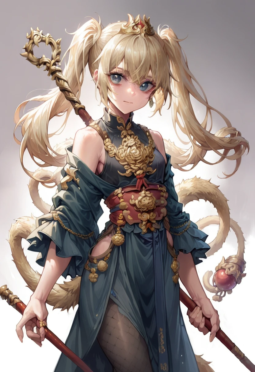 wukong girl, sexy clothes, light blonde hair, twin tail, Golden Headband, the magical staff, Ruyi Jingu Bang, holding ruyi jingu bang 